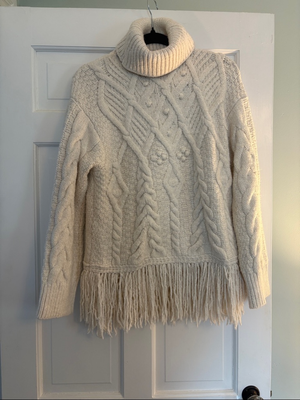 Zara Turtleneck Cable Knit Fringe Sweater - Cream